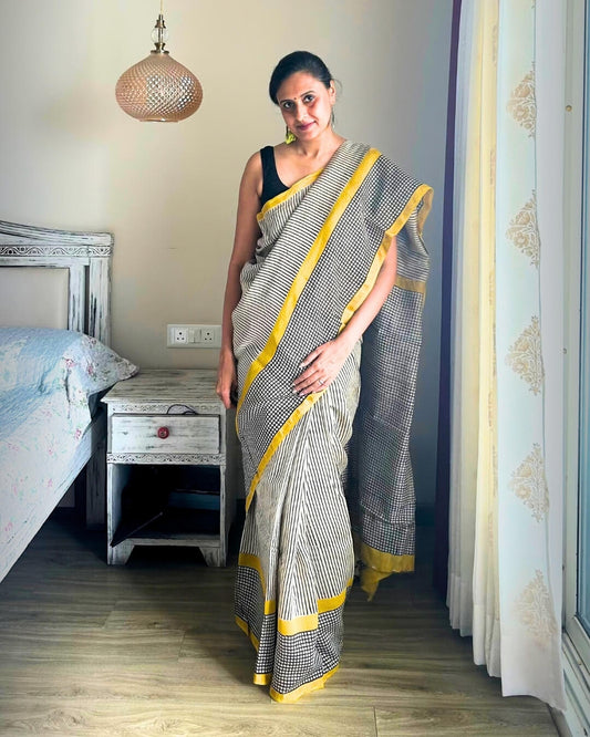 B&W Check with yellow Chanderi Cotton Saree