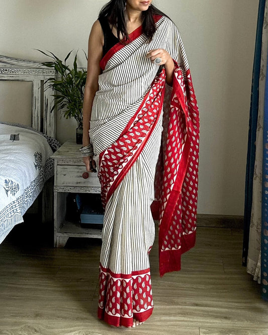 Kumkum Block Printed Mulmul Saree