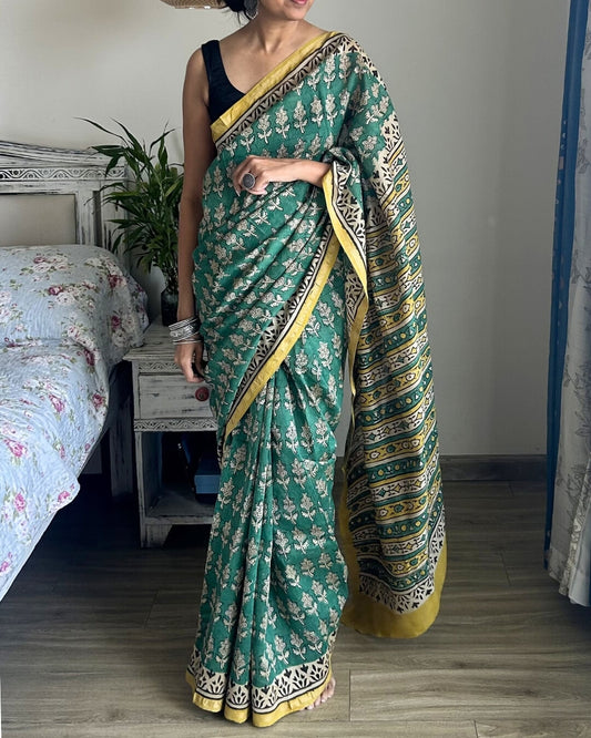 Vanika Green Block Printed Saree