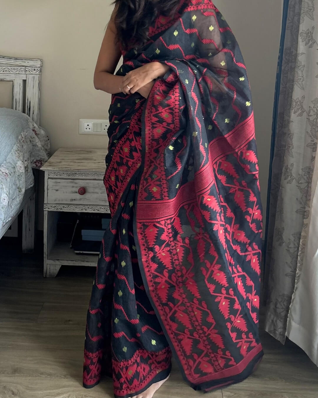 Rohini Black red Jamdani Cotton Saree