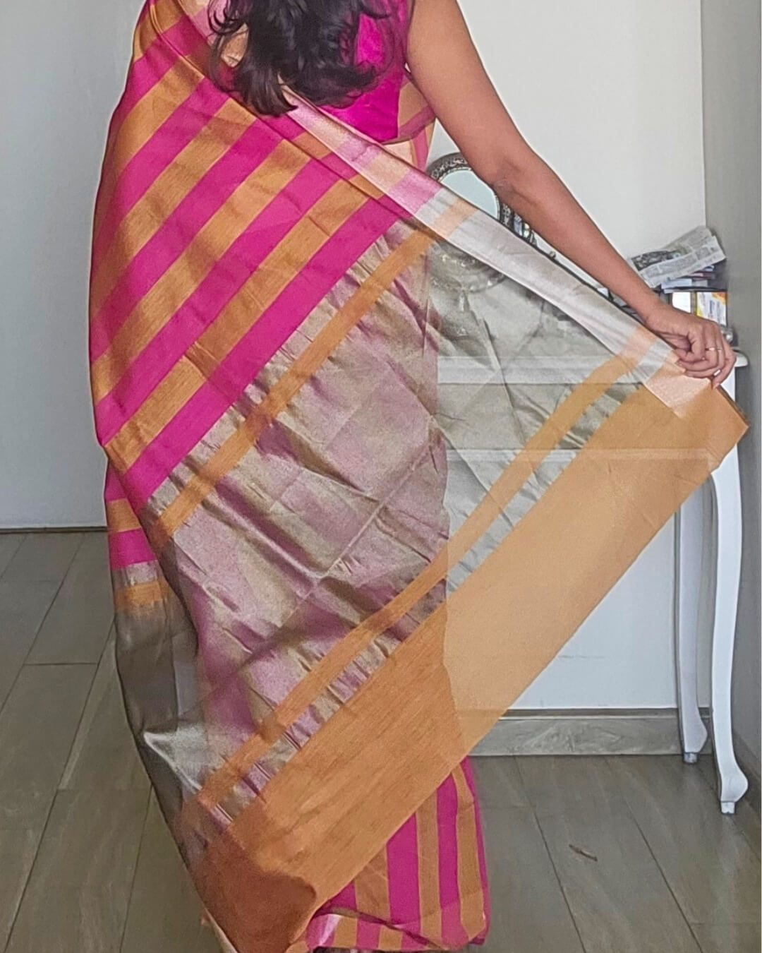 Kiara Pink Mustard Stripes Cotton Saree