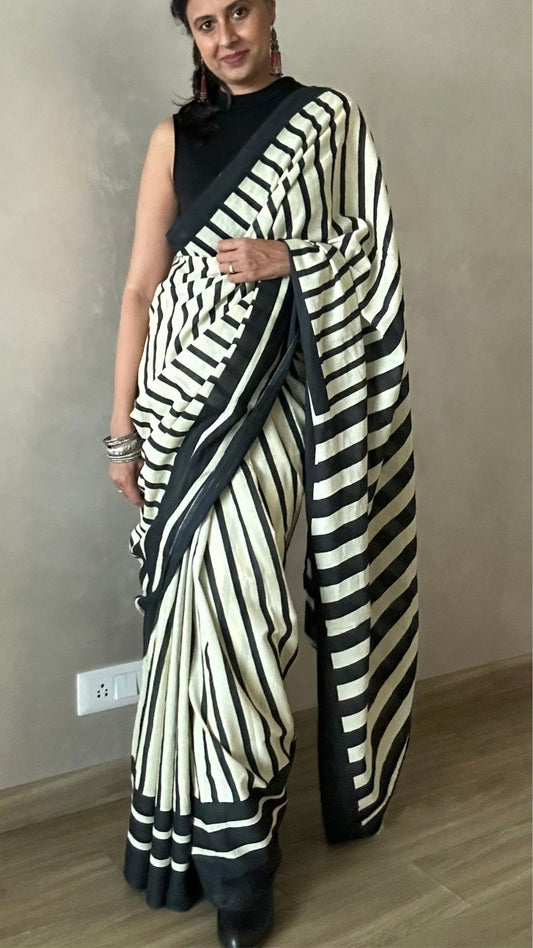 B&W stripe Mulmul Cotton Saree