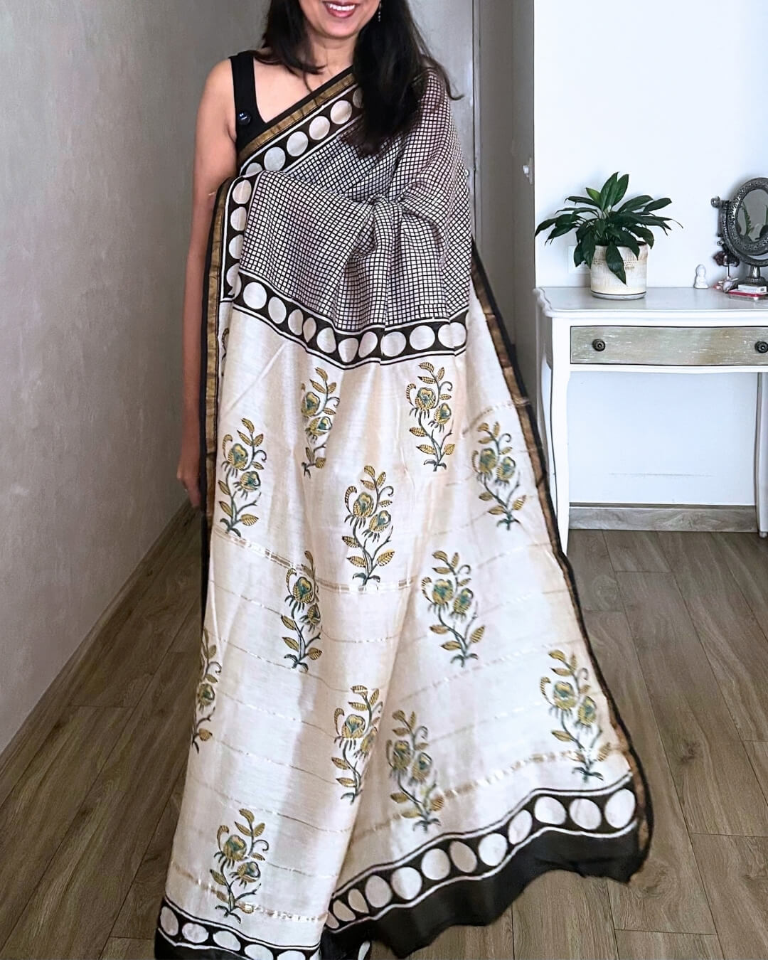B&W Check retro circles Chanderi Cotton Saree
