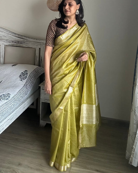 Leaf Green cotton zari stripe saree