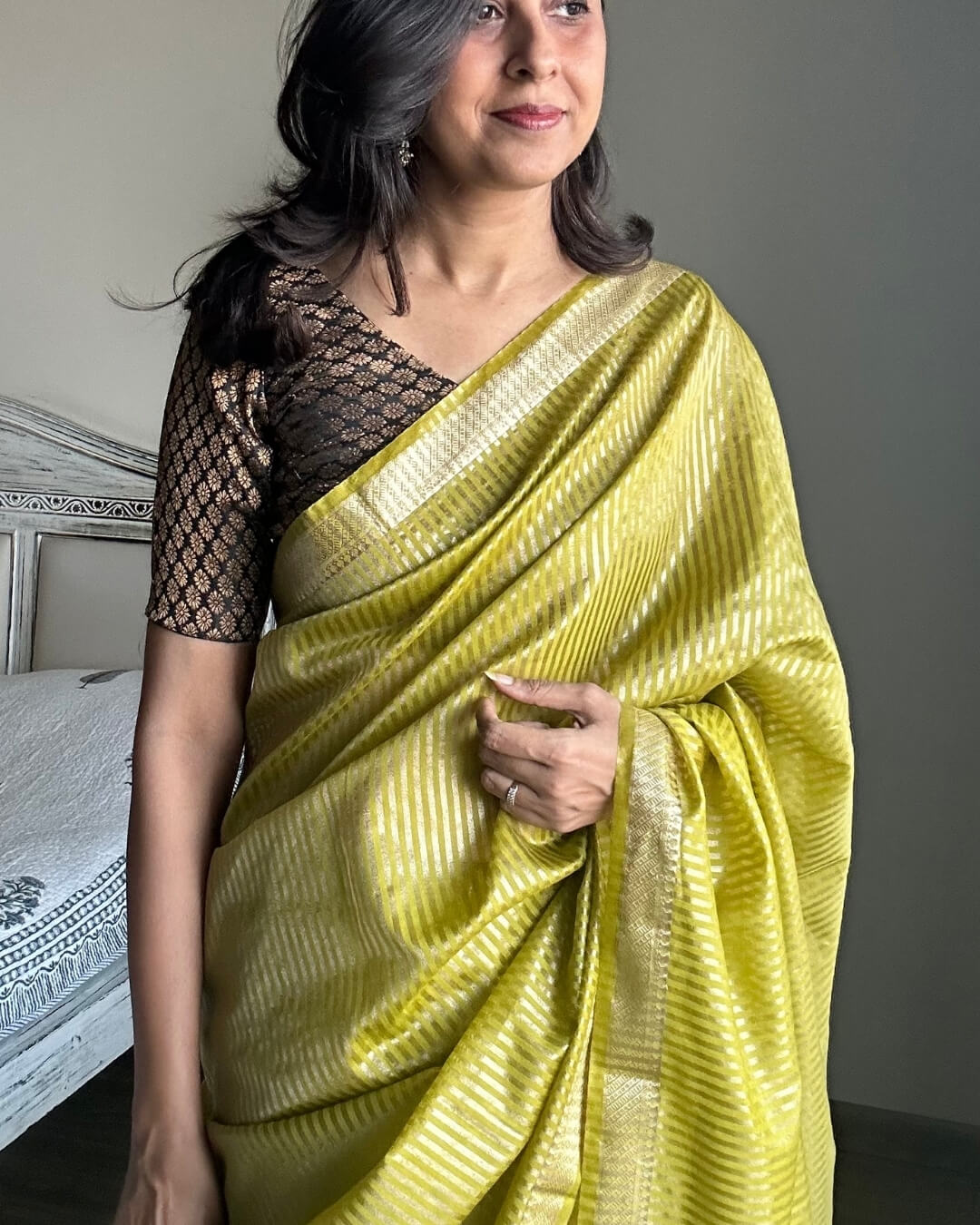 Leaf Green cotton zari stripe saree
