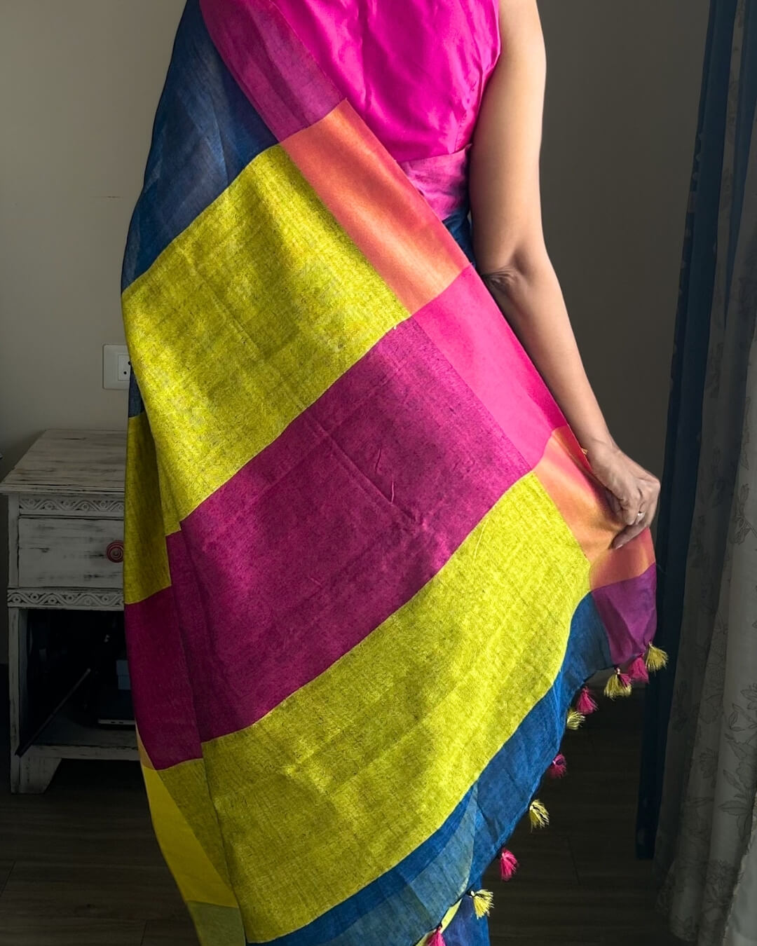 Lina Blue Pink Neon Green- Ganga Jamuna Linen Saree