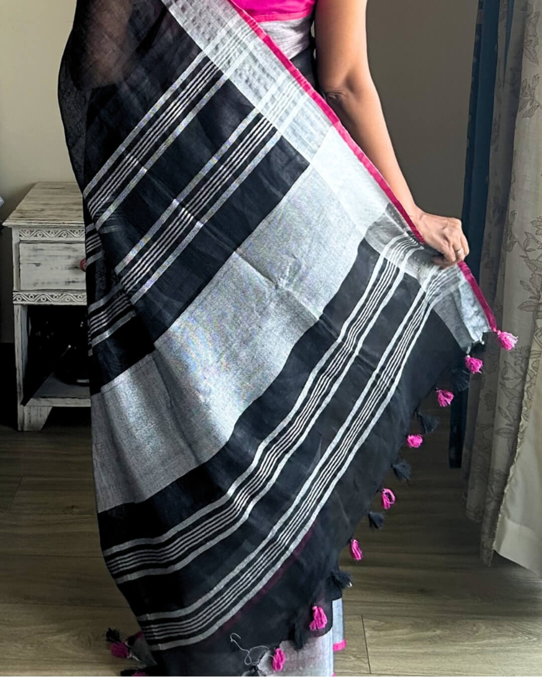 Thea Black Pink Linen Saree