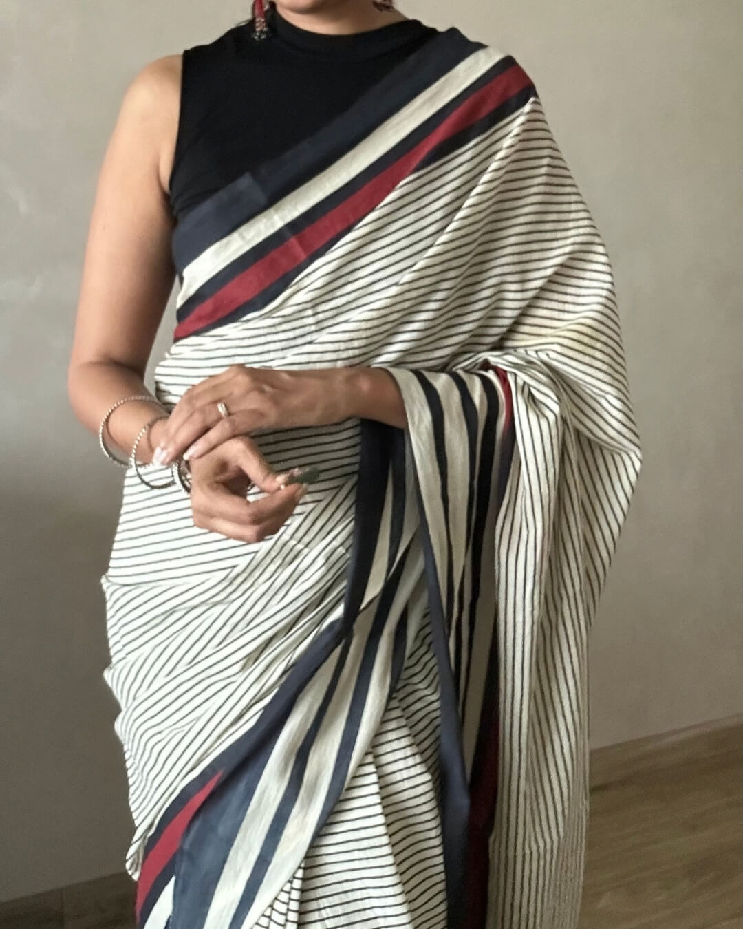 B&W +red stripe Mulmul Cotton Saree