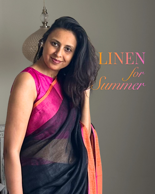 Woman wearing a colorful saree with 'Linen for Summer' text on a gray background