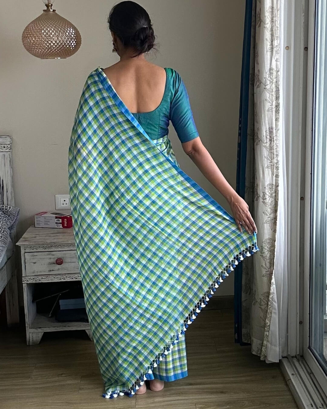 Blue Green Check Mulmul Saree