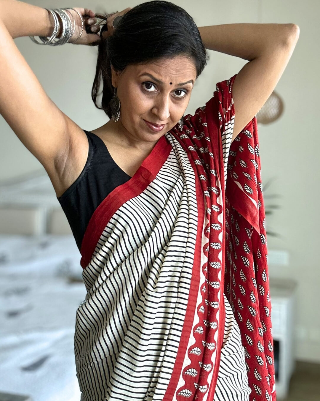 Kumkum Block Printed Mulmul Saree