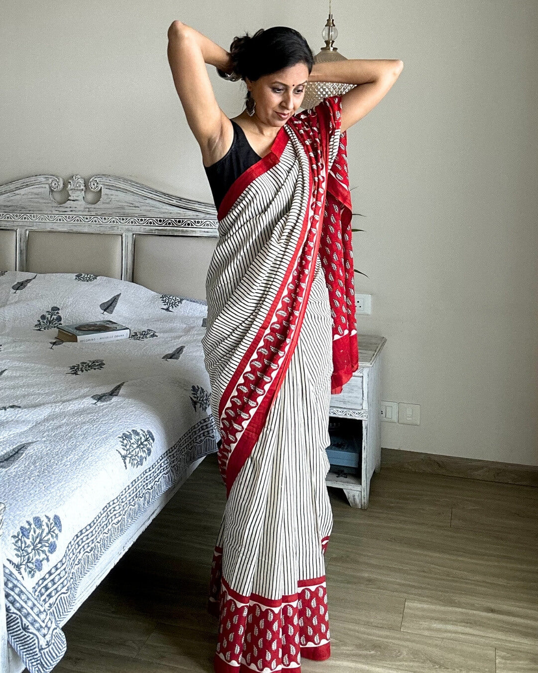 Kumkum Block Printed Mulmul Saree