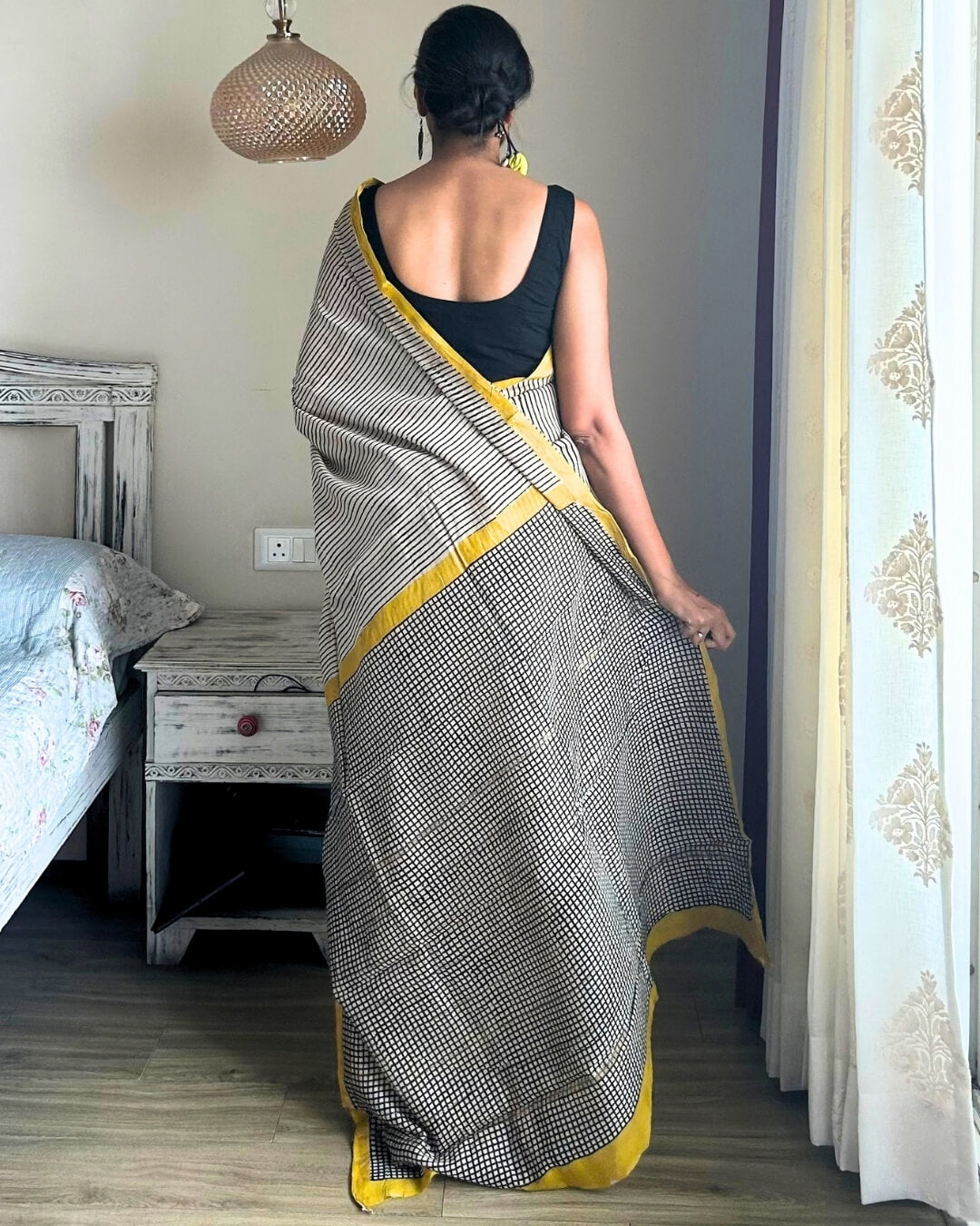 B&W Check with yellow Chanderi Cotton Saree