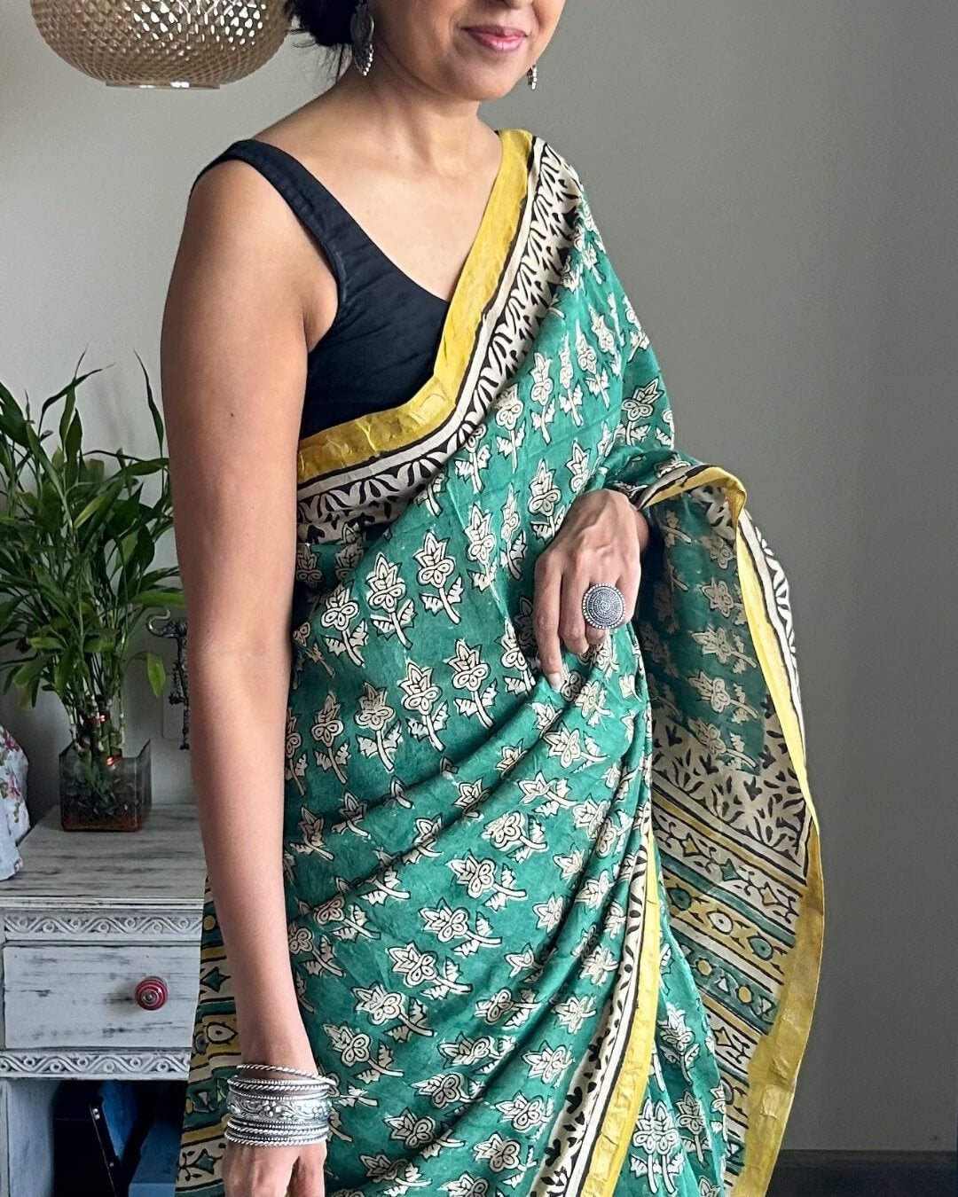 Vanika Green Block Printed Saree