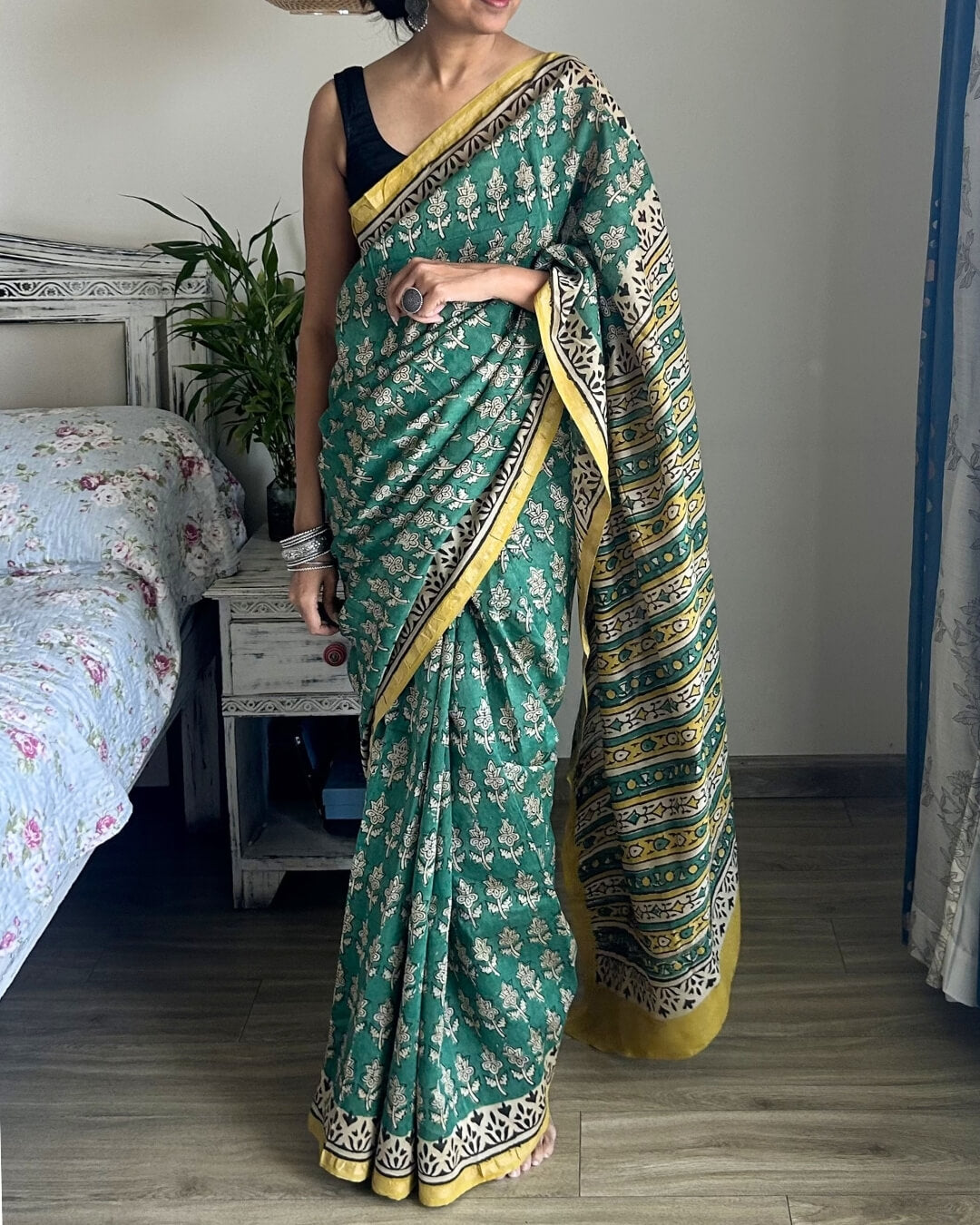 Vanika Green Block Printed Saree
