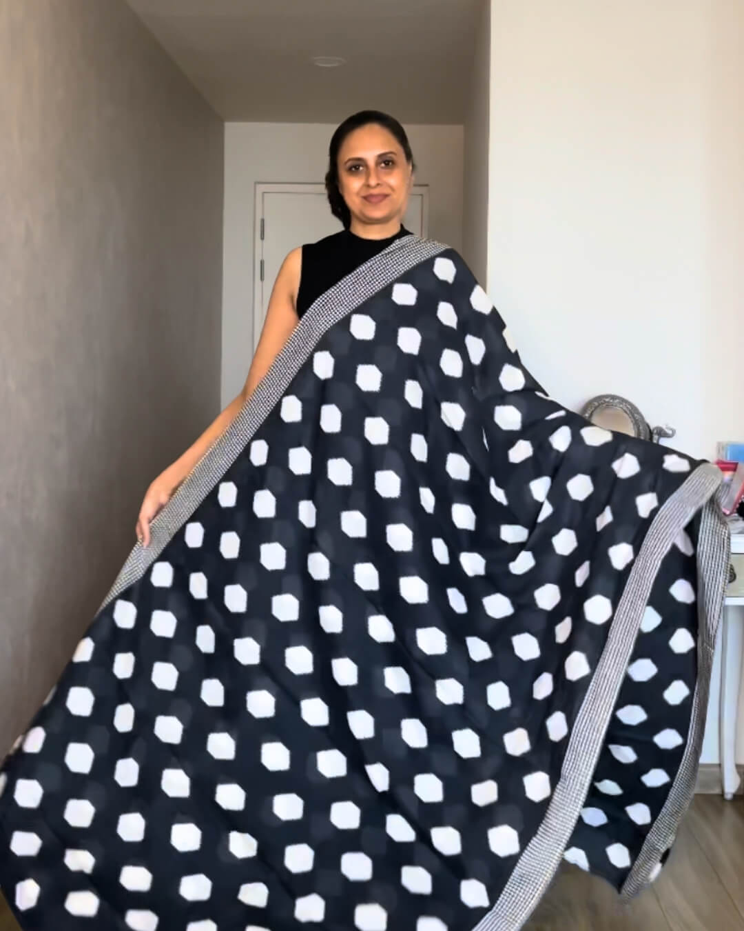 Black with white Mulmul Cotton Saree
