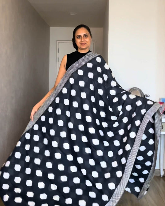 Black with white Mulmul Cotton Saree