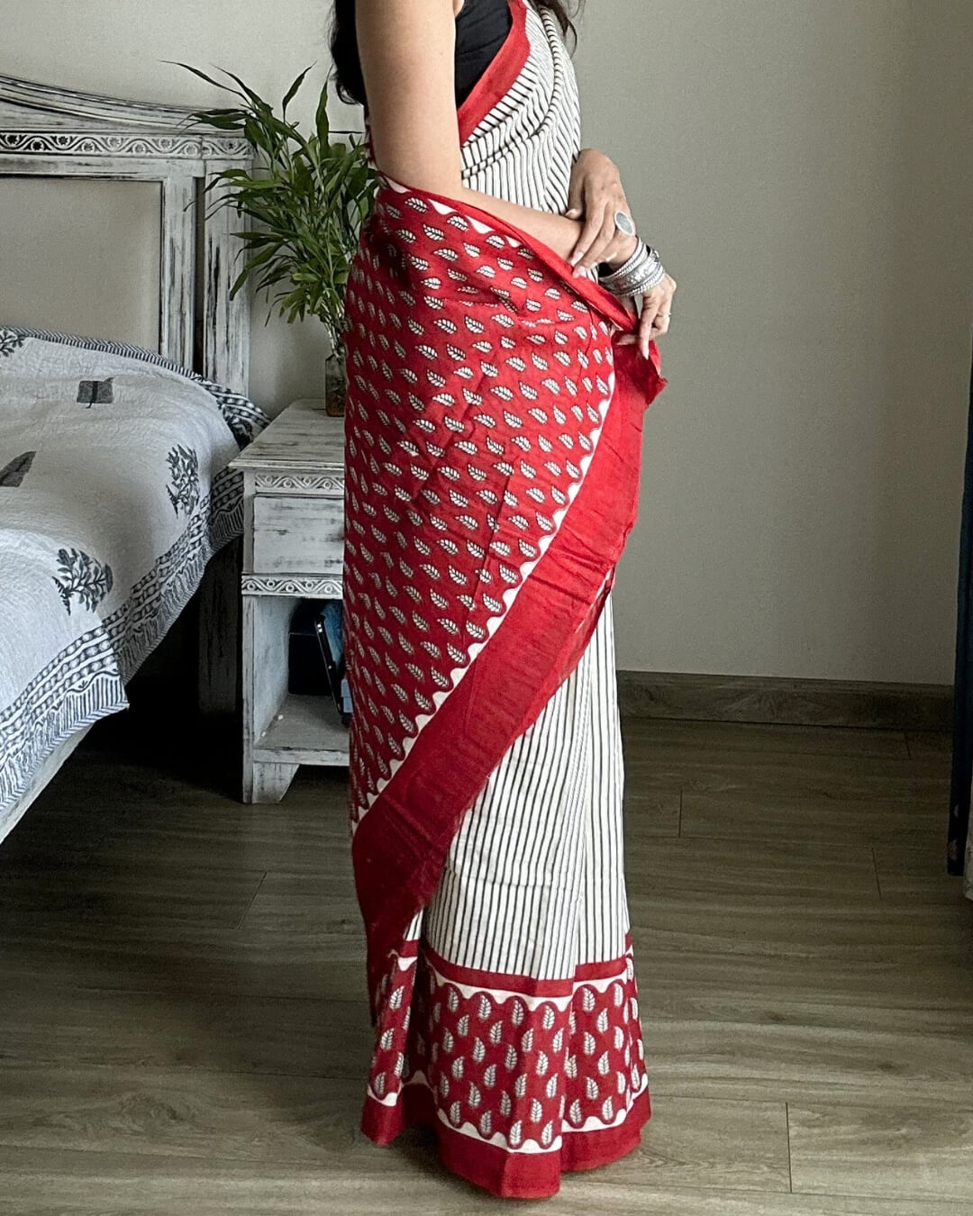 Kumkum Block Printed Mulmul Saree