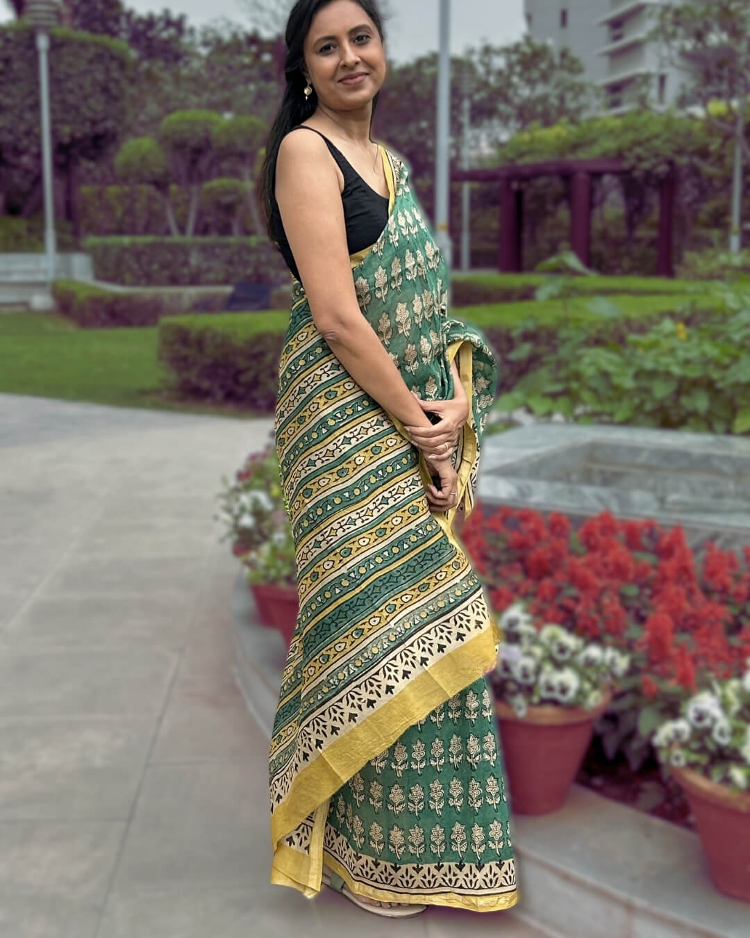 Vanika Green Block Printed Saree