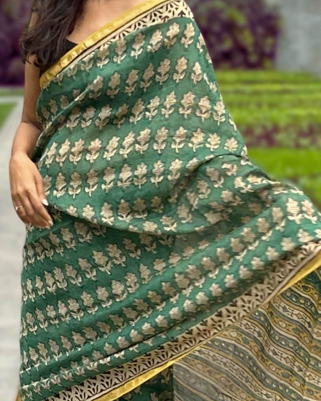 Vanika Green Block Printed Saree