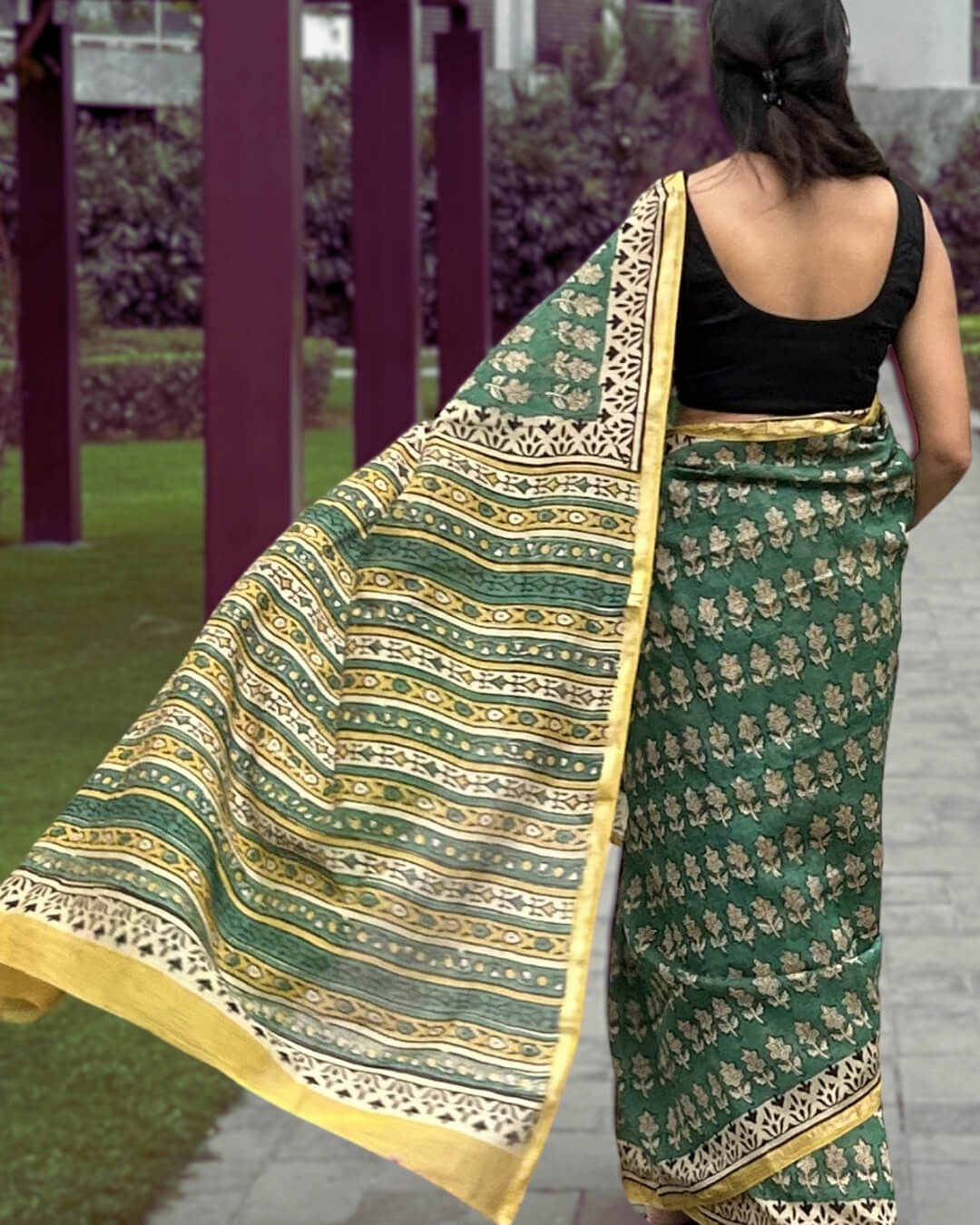 Vanika Green Block Printed Saree