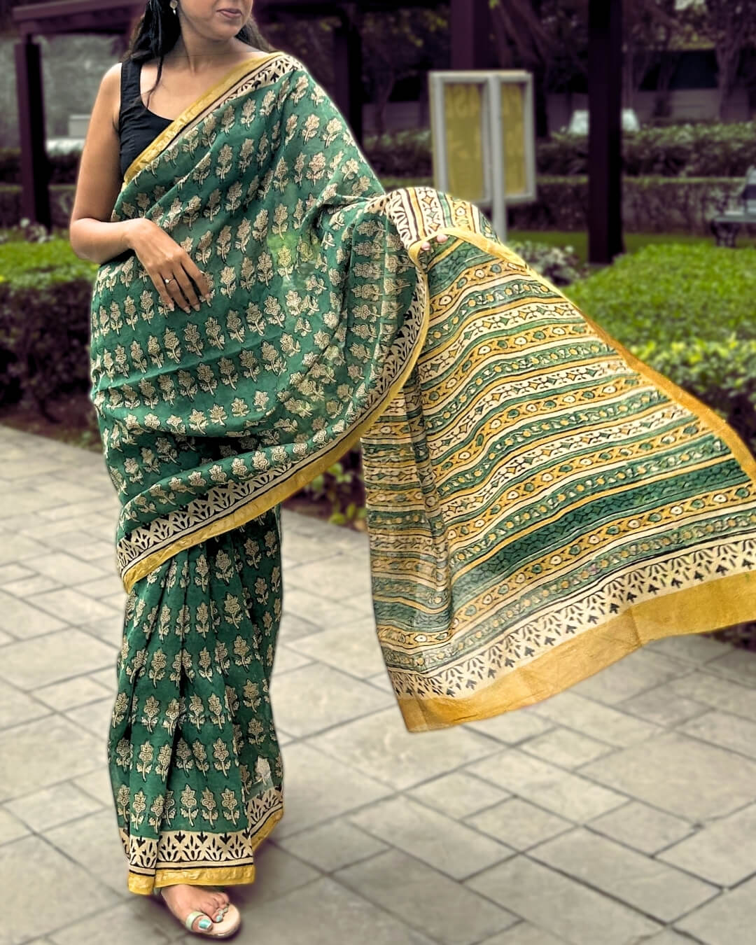Vanika Green Block Printed Saree