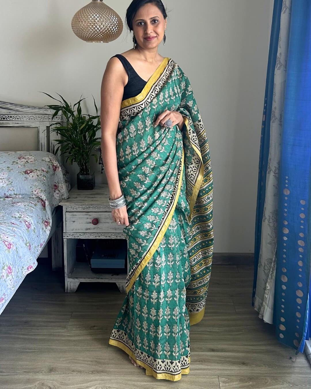 Vanika Green Block Printed Saree