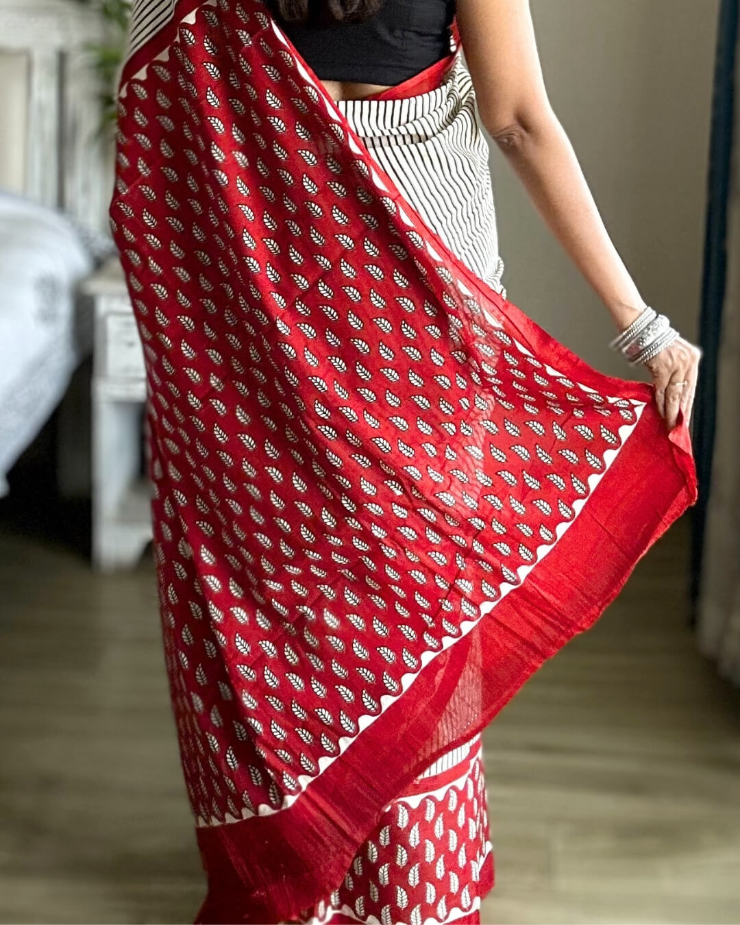 Kumkum Block Printed Mulmul Saree