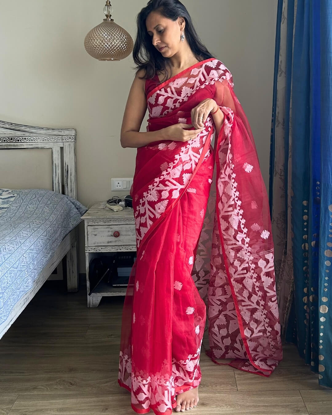 Shiuli Red Jamdani Cotton Saree