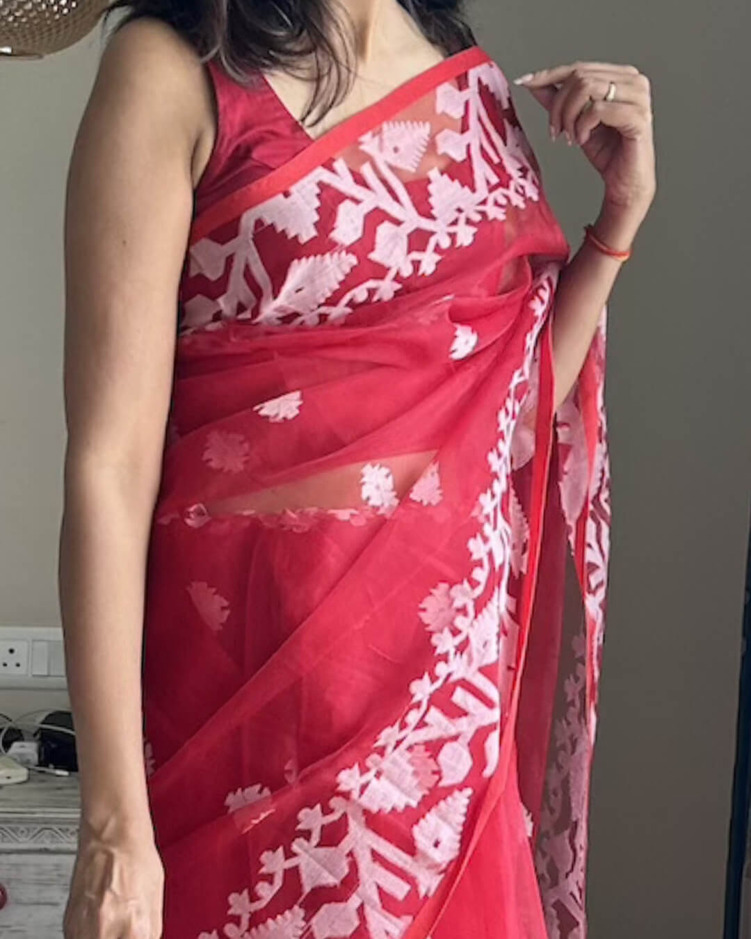 Shiuli Red Jamdani Cotton Saree