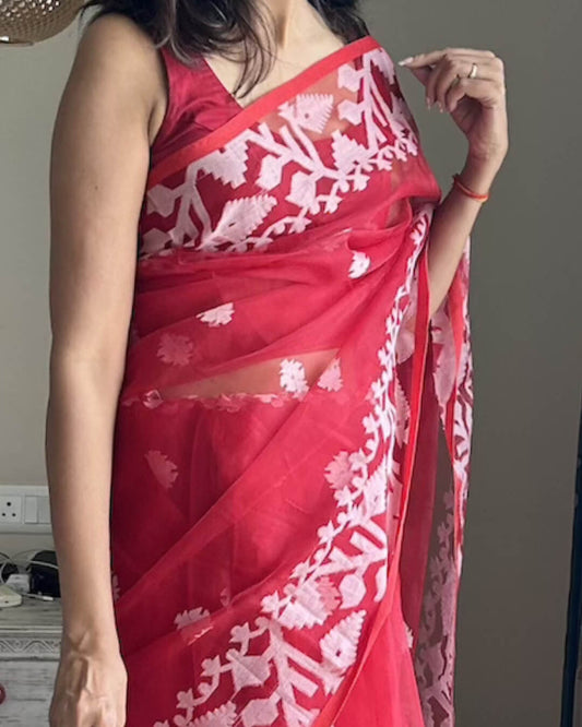 Shiuli Red Jamdani Cotton Saree
