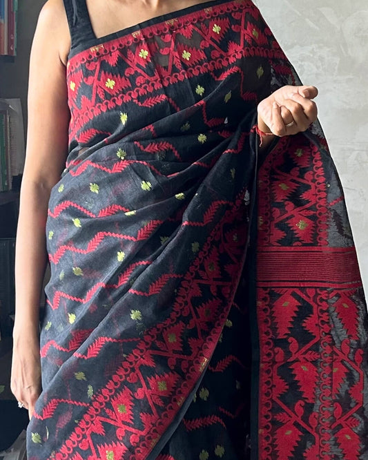 Rohini Black red Jamdani Cotton Saree