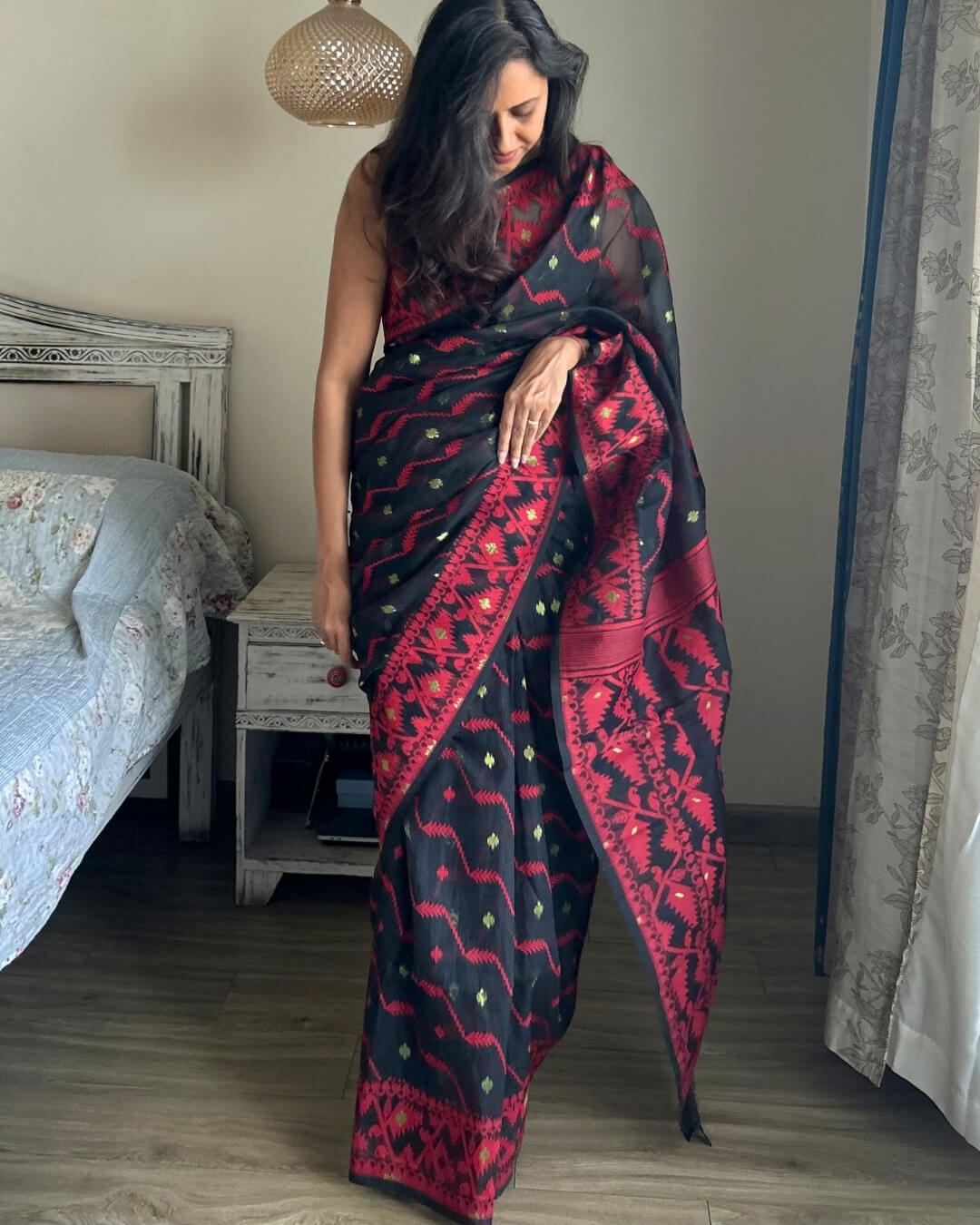 Rohini Black red Jamdani Cotton Saree