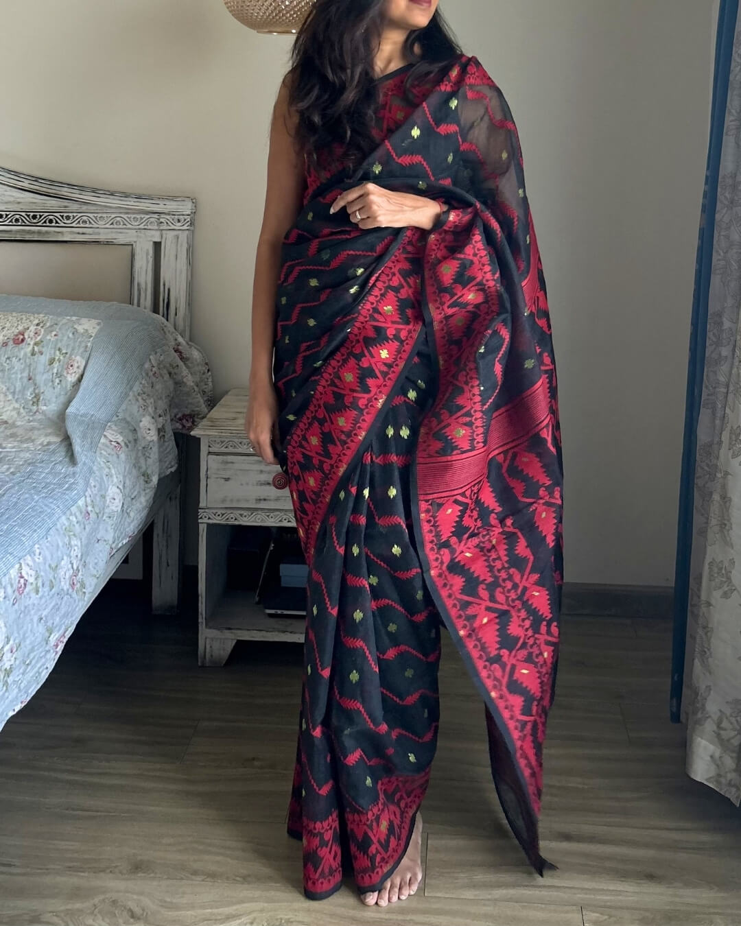 Rohini Black red Jamdani Cotton Saree