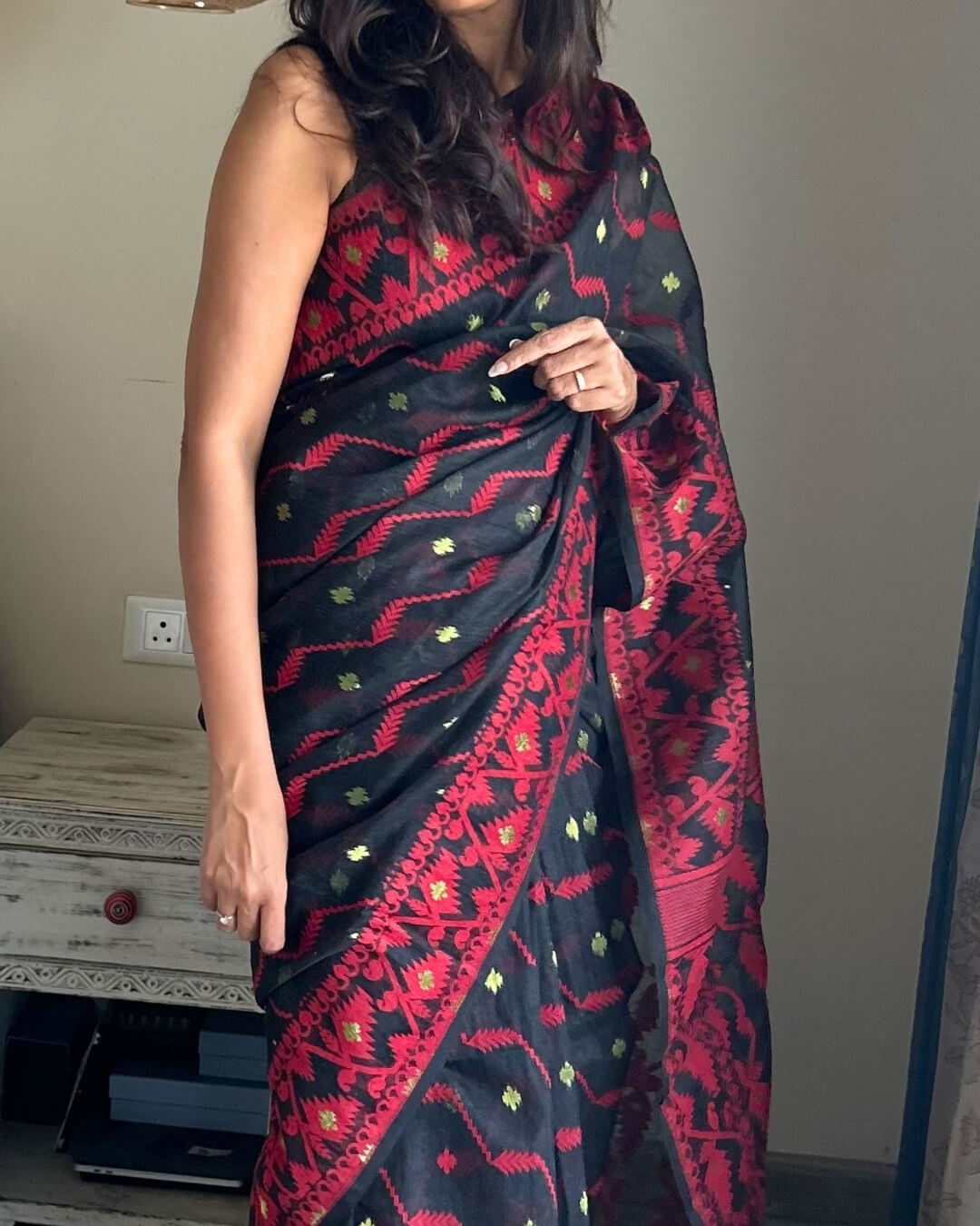 Rohini Black red Jamdani Cotton Saree
