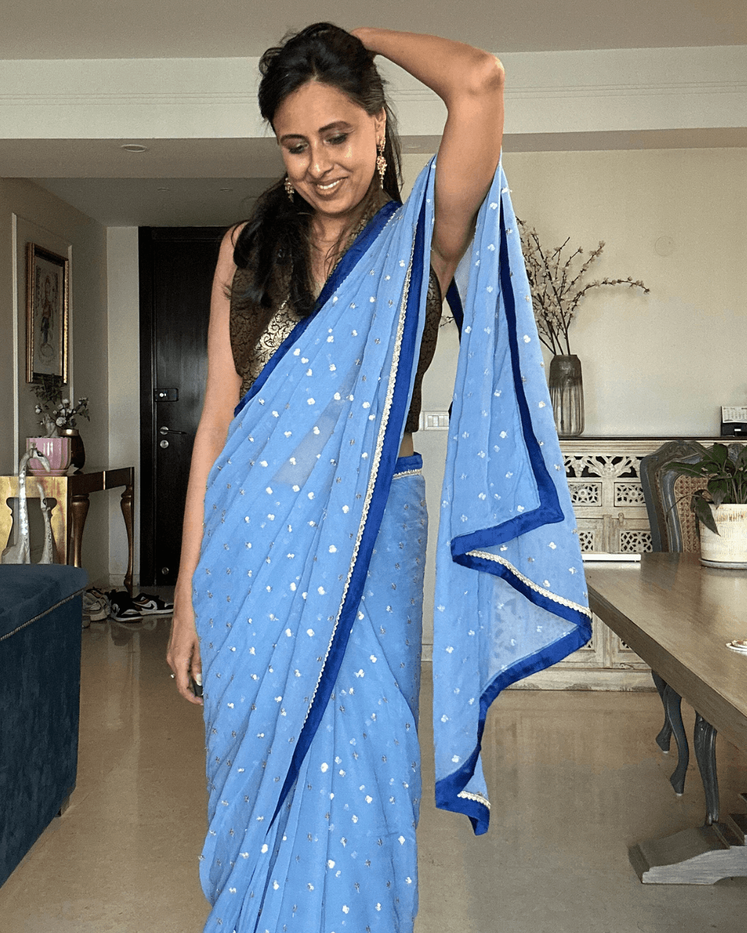 "Jhilmil" Powder Blue Georgette Saree