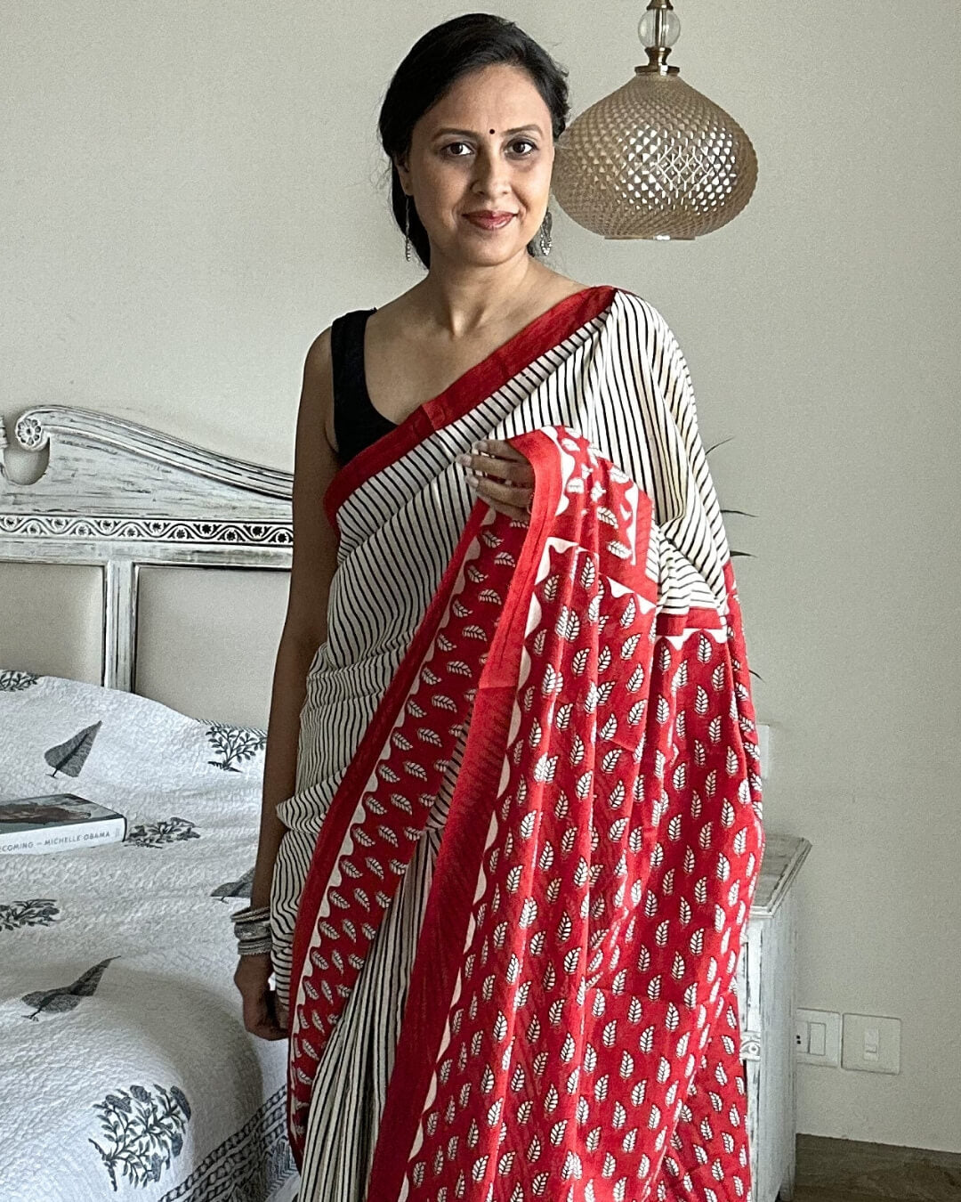 Kumkum Block Printed Mulmul Saree