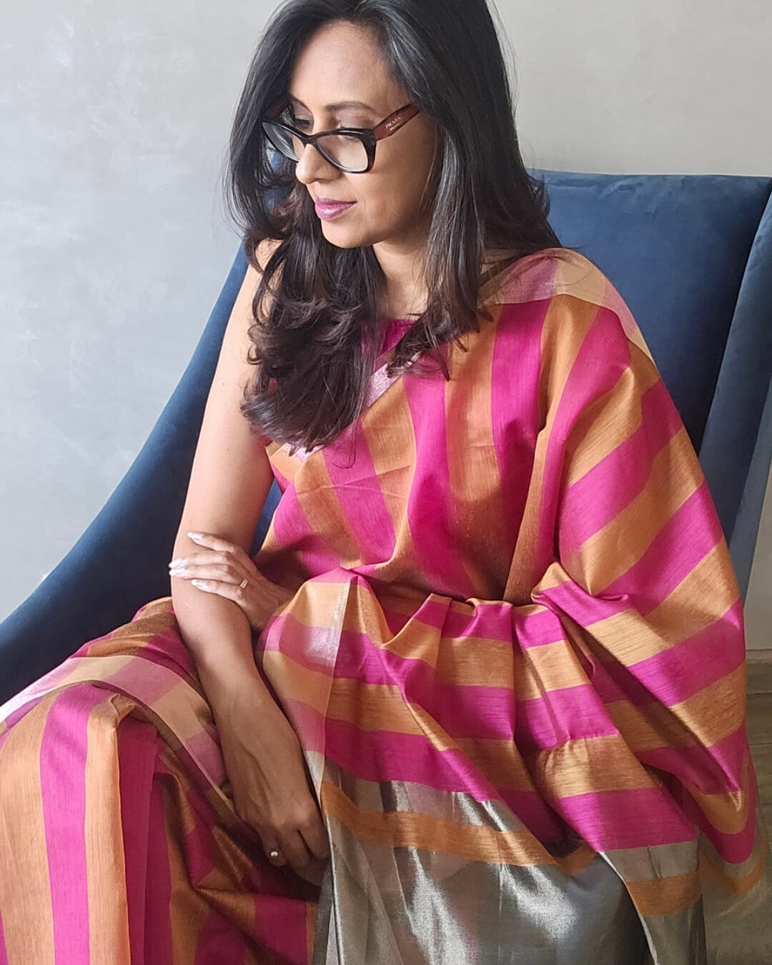 Kiara Pink Mustard Stripes Cotton Saree