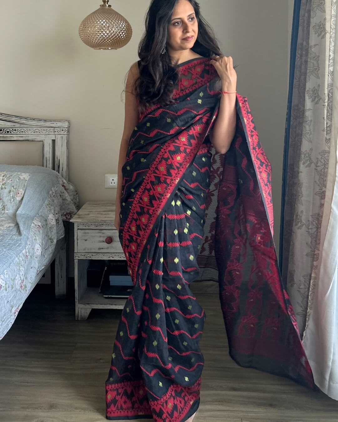 Rohini Black red Jamdani Cotton Saree