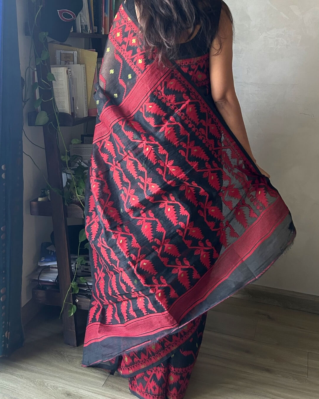 Rohini Black red Jamdani Cotton Saree