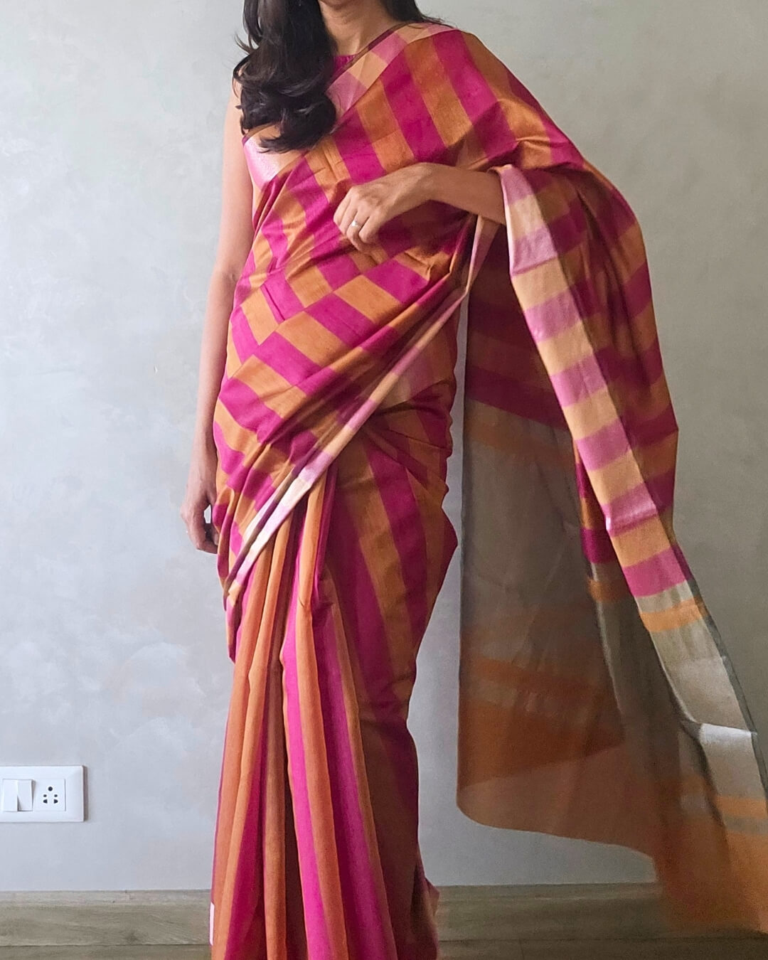Kiara Pink Mustard Stripes Cotton Saree