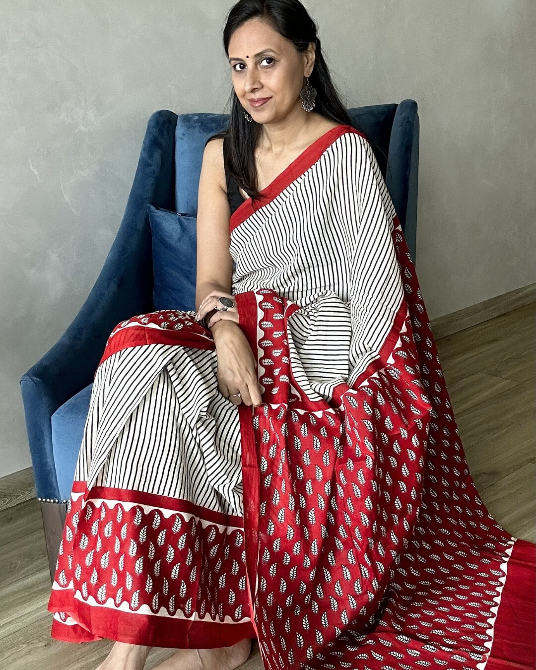 Kumkum Block Printed Mulmul Saree