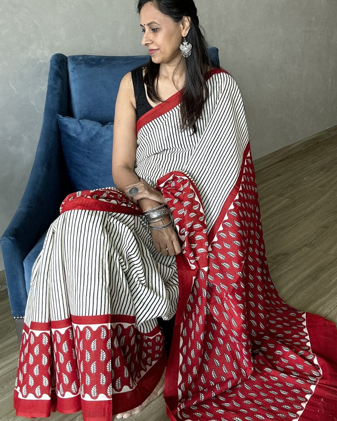 Kumkum Block Printed Mulmul Saree