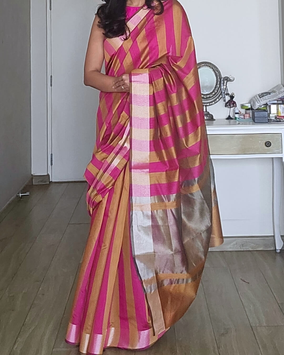 Kiara Pink Mustard Stripes Cotton Saree