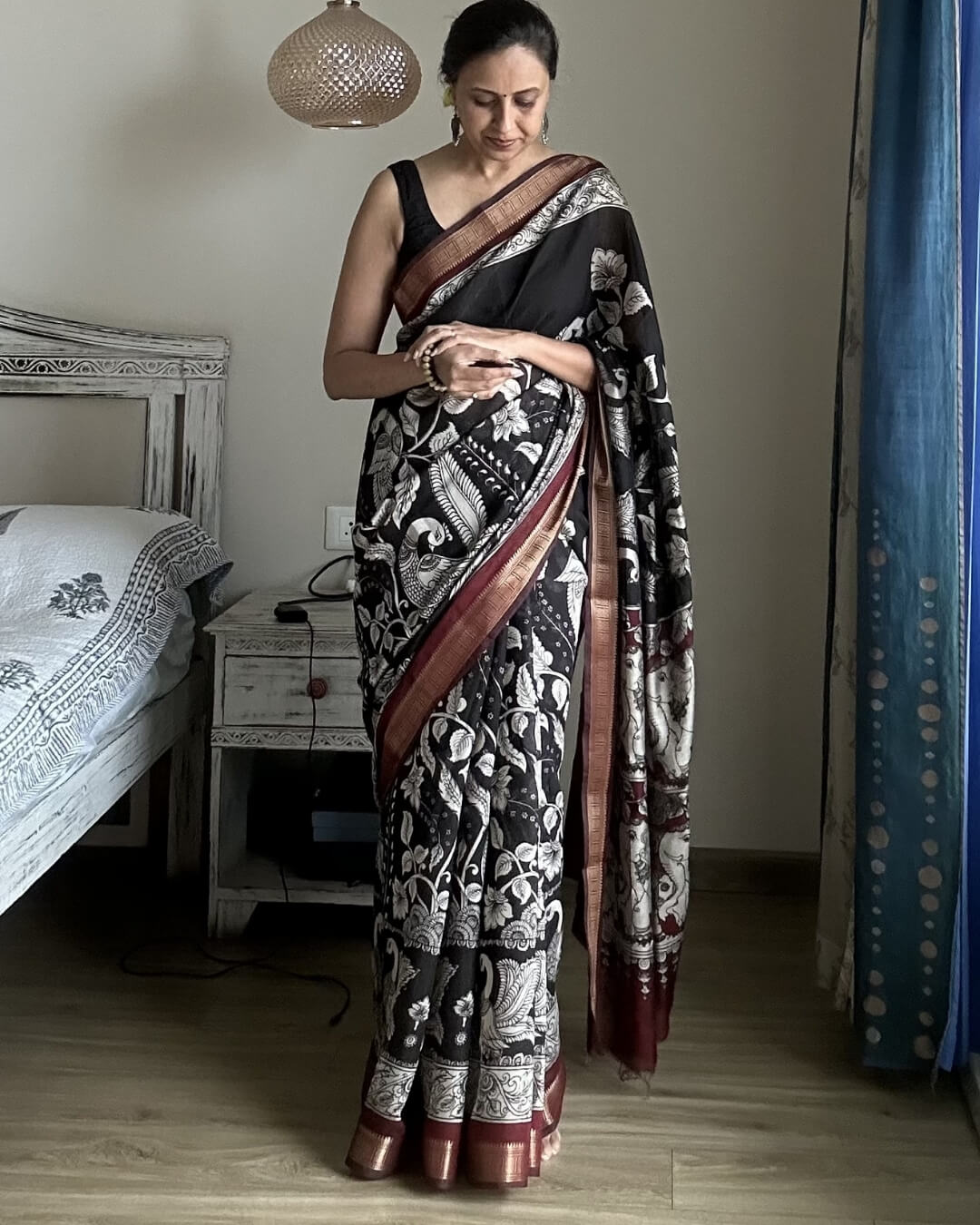Black Kalamkari Maheshwari Cotton Saree