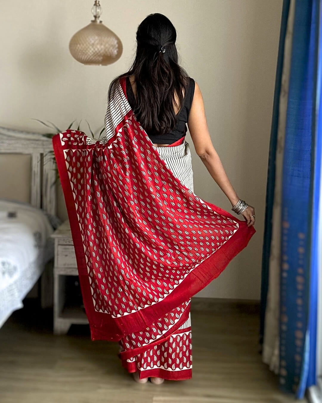Kumkum Block Printed Mulmul Saree