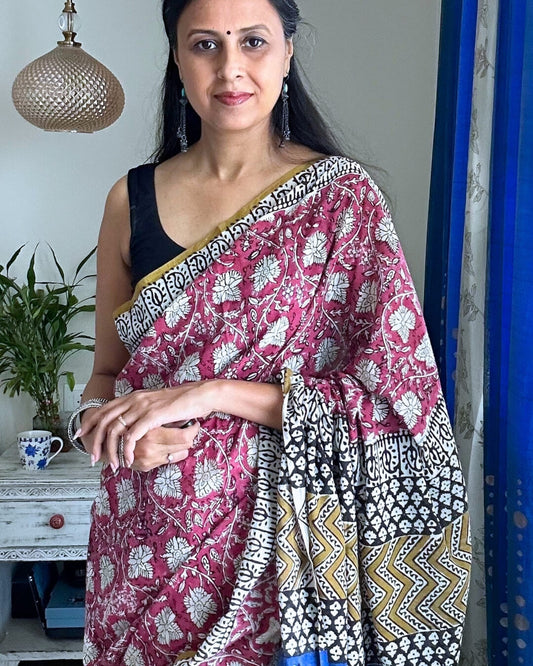 Gulnaar Hand Block Printed Mulmul Saree