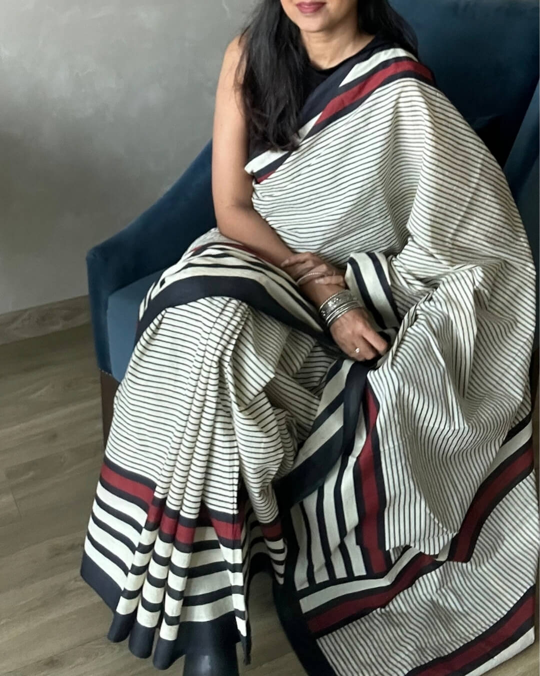 B&W +red stripe Mulmul Cotton Saree