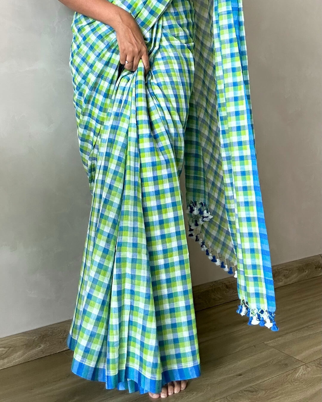 Blue Green Check Mulmul Saree