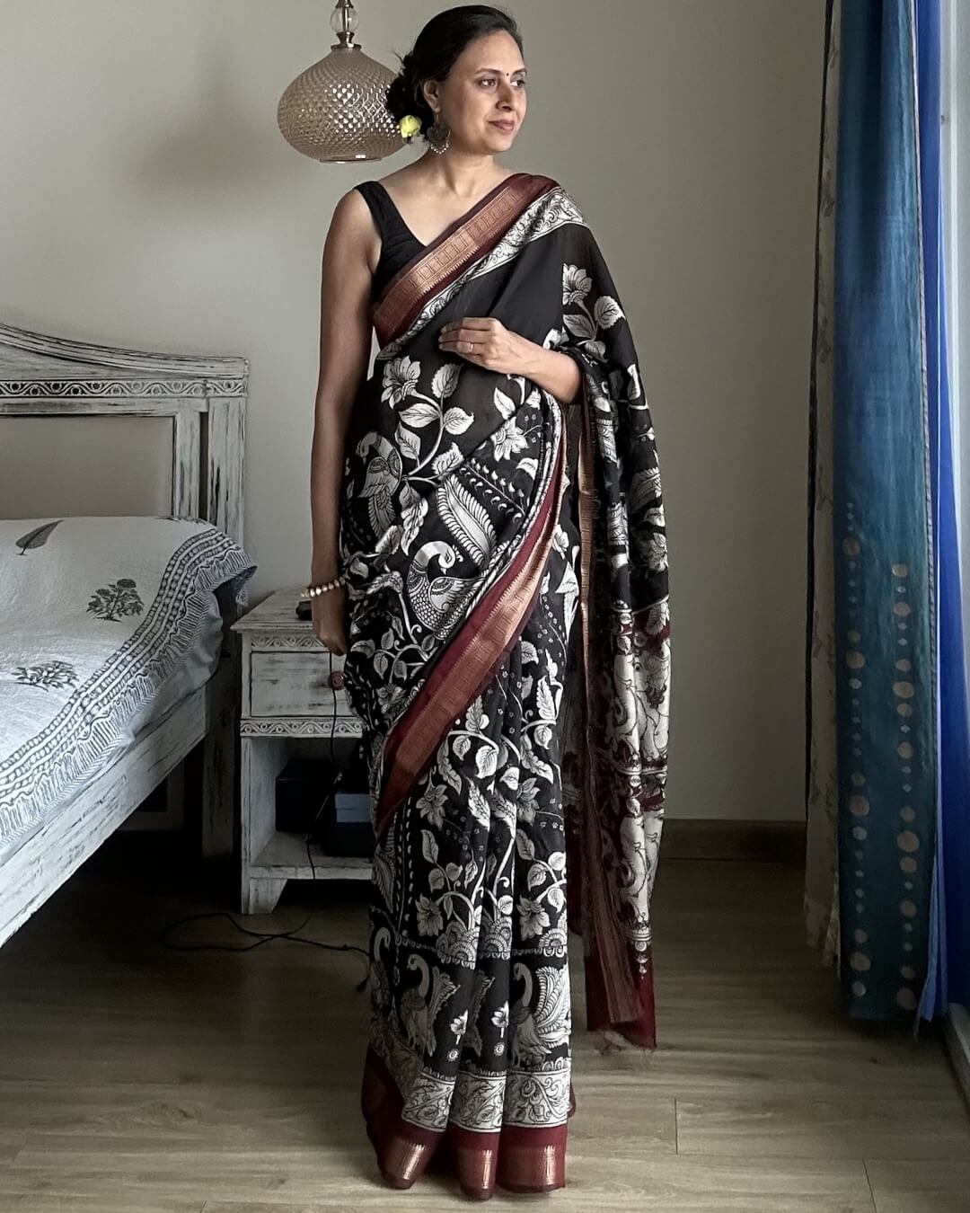 Black Kalamkari Maheshwari Cotton Saree